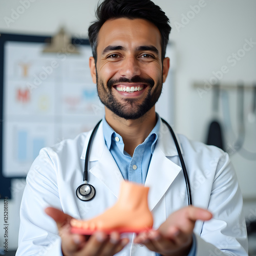 a man in a white coat is holding a toy