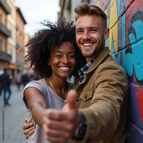 a man and a woman standing next to a wall