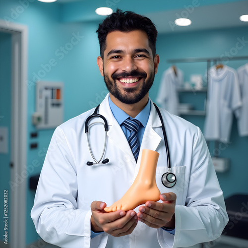 a man in a white lab coat holding a model of a foot