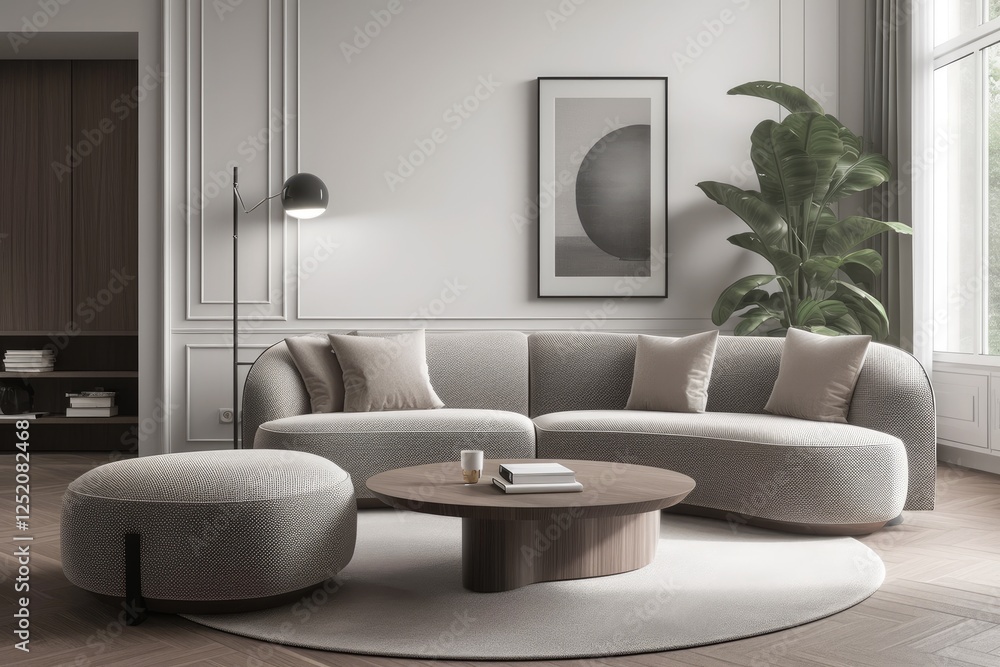 Fototapeta premium Modern living room featuring a sectional sofa with textured upholstery, a round coffee table with a wooden base, and two round ottomans. The room is decorated with a minimalist aesthetic, featuring