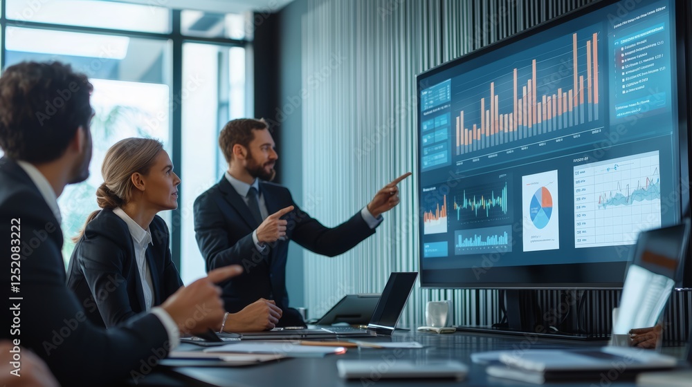 Business Team Analyzing Data on Large Screen in Modern Office