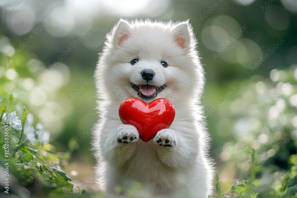Samoyed - my treasured dog, symbol of friendship. Cute samoyed pup with diamond red heart on a walk in a spring garden. Marketing furry friend idea. Puppy romance photo. Cute pet love. Samoyed - my treasured dog, symbol of friendship. Cute samoyed pup with diamond red heart on a walk in a spring garden. Marketing furry friend idea. Puppy romance photo. Cute pet love.