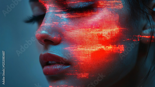 Glitch art effect on a human face, fragmented visuals with digital distortion, abstract futuristic style photo