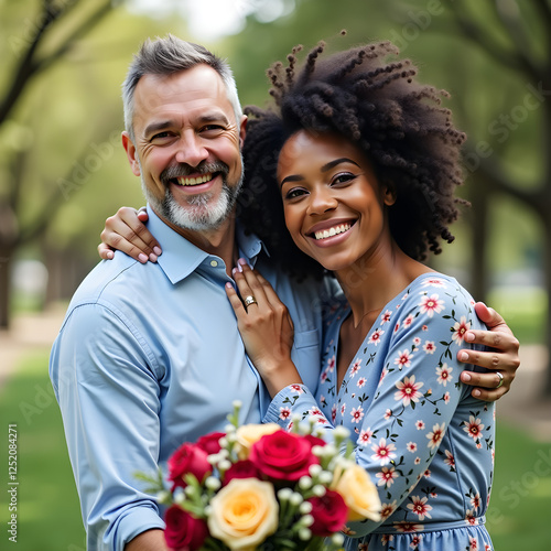 a man and a woman hugging each other in a park
