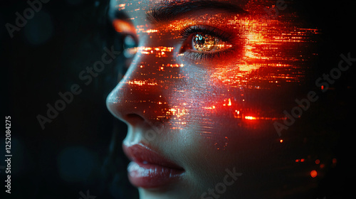 Glitch art effect on a human face, fragmented visuals with digital distortion, abstract futuristic style photo