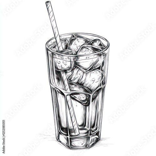 Detailed illustration of a tall glass of iced drink with straw photo