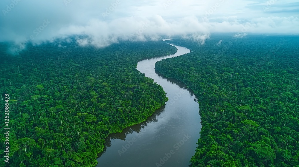Fototapeta premium Amazon River winding through lush rainforest. Aerial view. Possible stock photo use