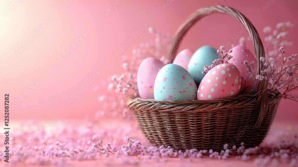 Naklejka premium Colorful Easter eggs in basket pink purple violet background, Holidays, copy space, greeting cards