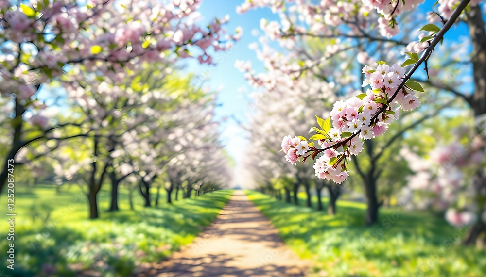 Walking Path Under Blooming Cherry Trees in Springtime with Blue Sky Walking Path Under Blooming Cherry Trees in Springtime with Blue Sky