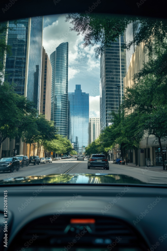Downtown cityscape view through car windshield featuring skyscrapers and urban architecture on a sunny day