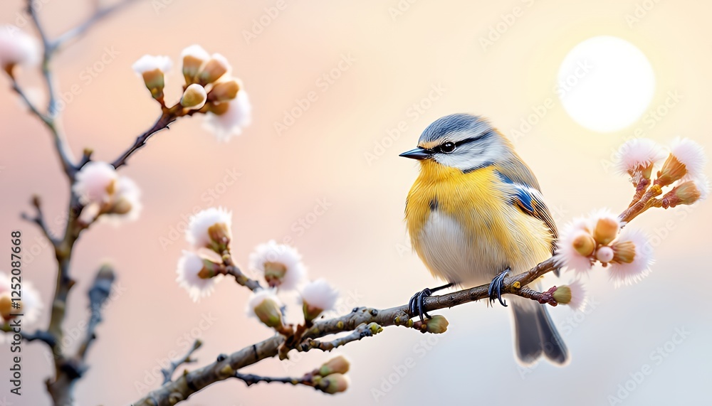 Fototapeta premium Eurasian Blue Tit Bird Perched on Blooming Branch at Sunrise