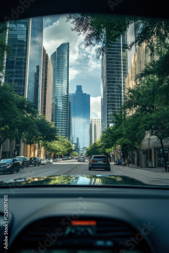 Obraz na płótnie Downtown cityscape view through car windshield featuring skyscrapers and urban architecture on a sunny day w salonie