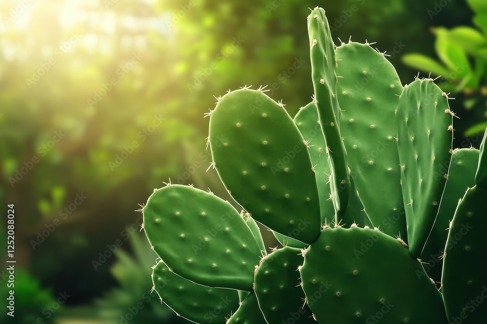 Lush Green Cactus Close-Up with Soft Background and Gentle Sunlight in Nature Scene Lush Green Cactus Close-Up with Soft Background and Gentle Sunlight in Nature Scene