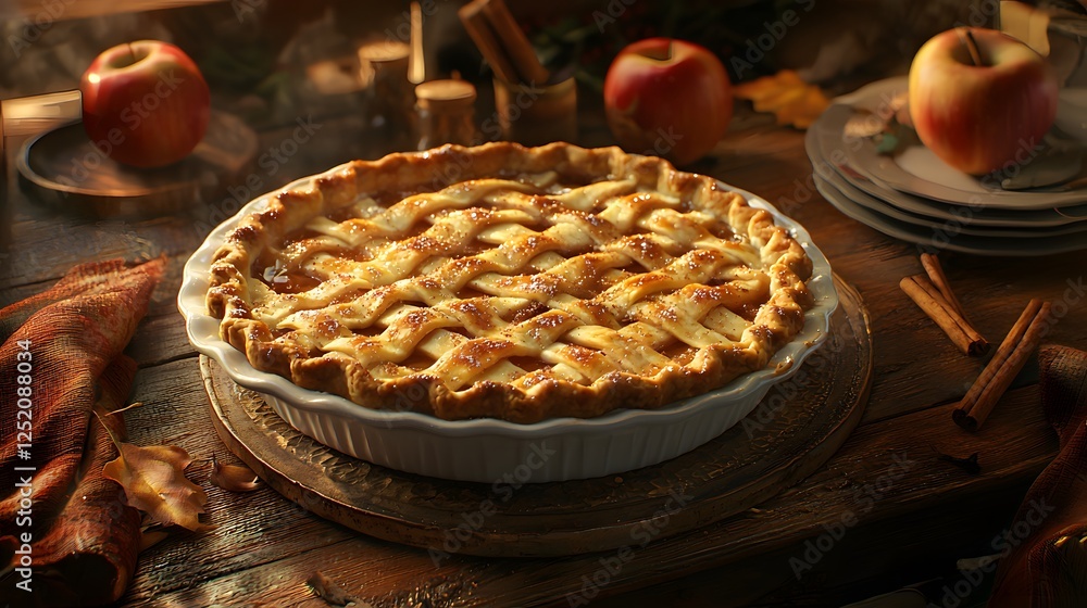 Homemade apple pie on a wooden table with cinnamon sticks and warm ambiance Homemade apple pie on a wooden table with cinnamon sticks and warm ambiance