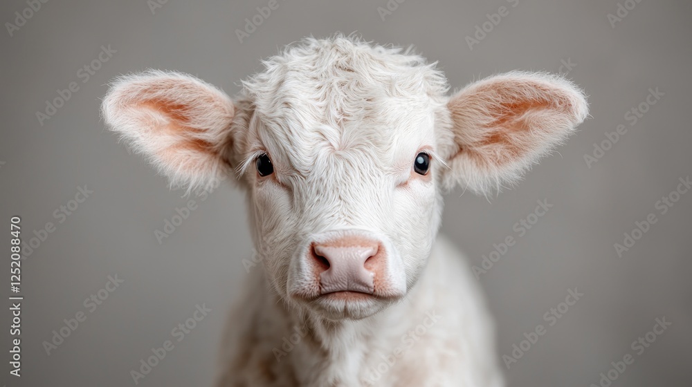 Fototapeta premium Cute White Calf Portrait Against Gray Background. Potential Use Stock photo for animal welfare, farm life, or baby animals