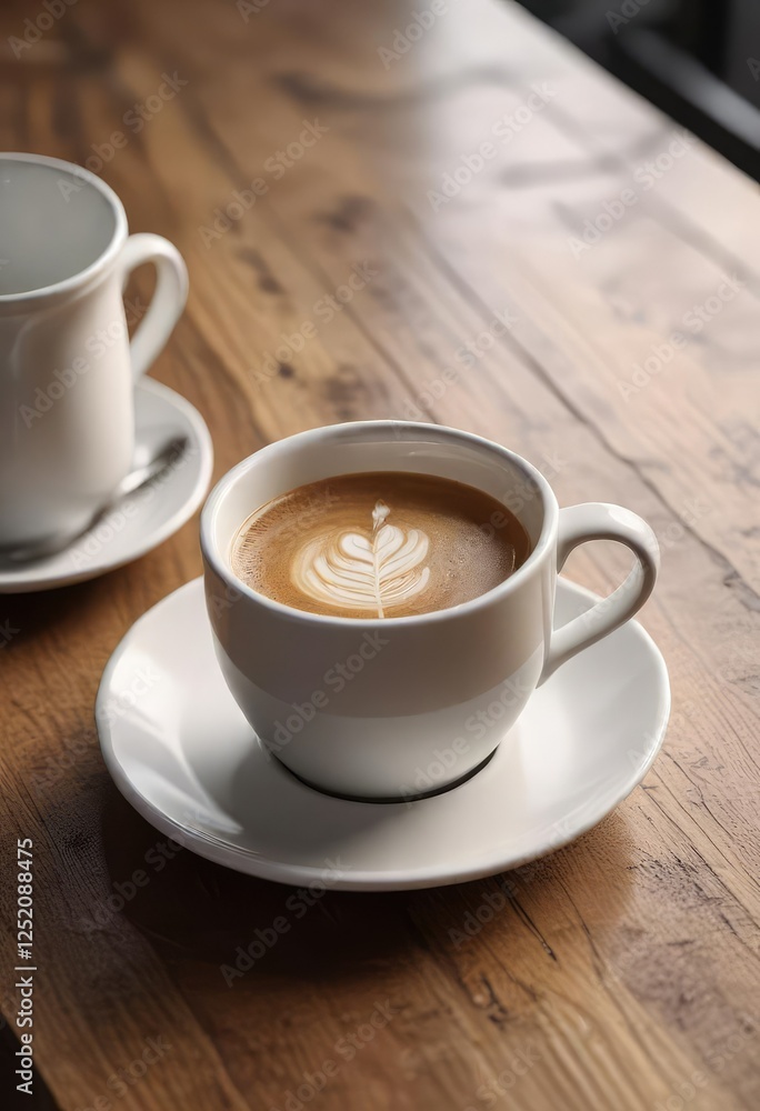 Empty ceramic coffee mug with saucer on a wooden table, food, saucer, table Empty ceramic coffee mug with saucer on a wooden table, food, saucer, table
