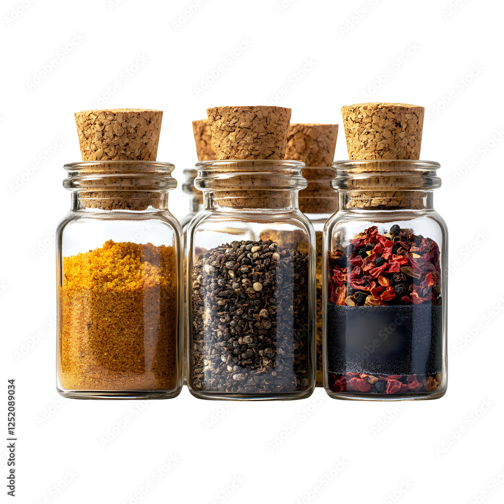 Spice Jars with Chalkboard Labels and Cork Stoppers Isolated on Transparent Background Spice Jars with Chalkboard Labels and Cork Stoppers Isolated on Transparent Background