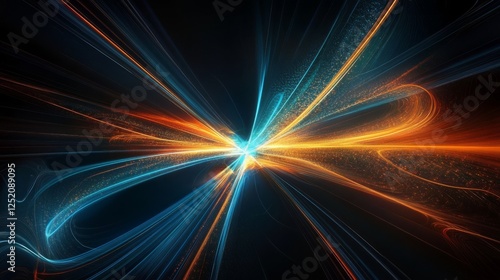 This abstract digital artwork showcases vibrant light streaks converging at a vanishing point, creating a strong sense of motion and energy against a dark background that amplifies its impact