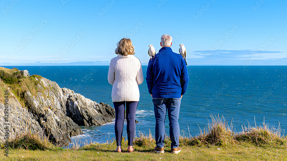 Fototapeta premium Couple with birds, coastal cliff view, ocean background, travel