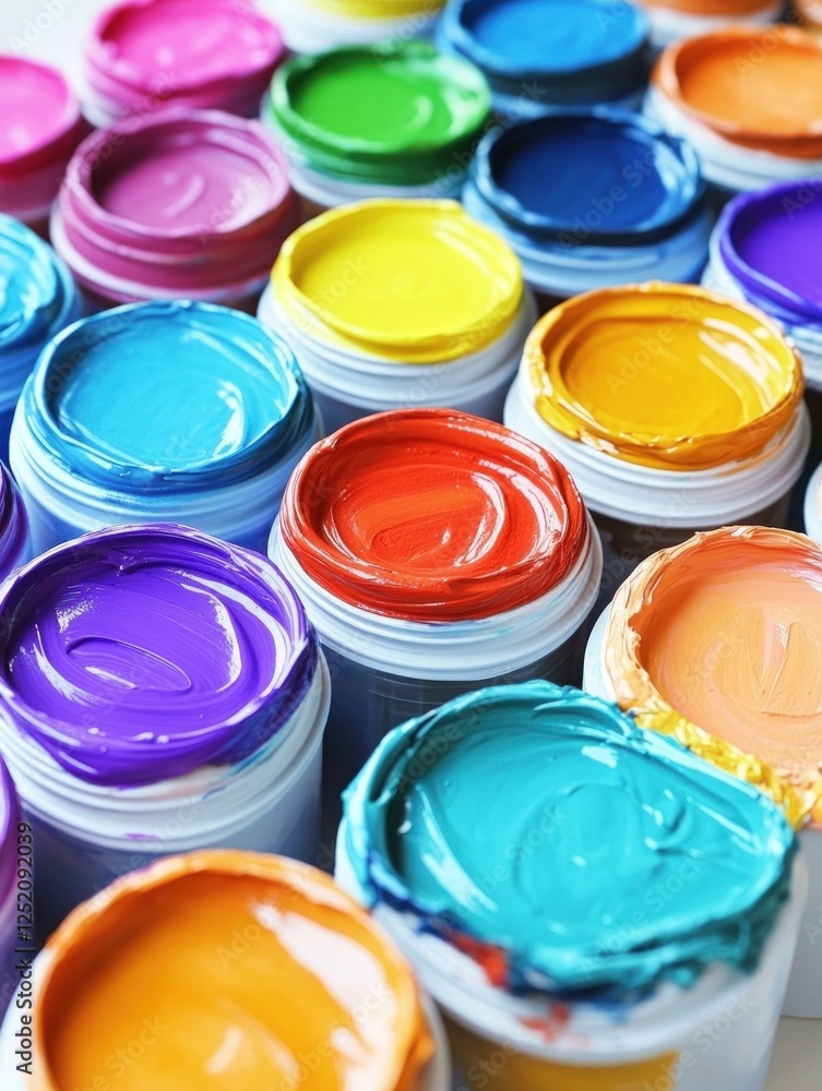 A colorful array of paint in jars shown closely A colorful array of paint in jars shown closely
