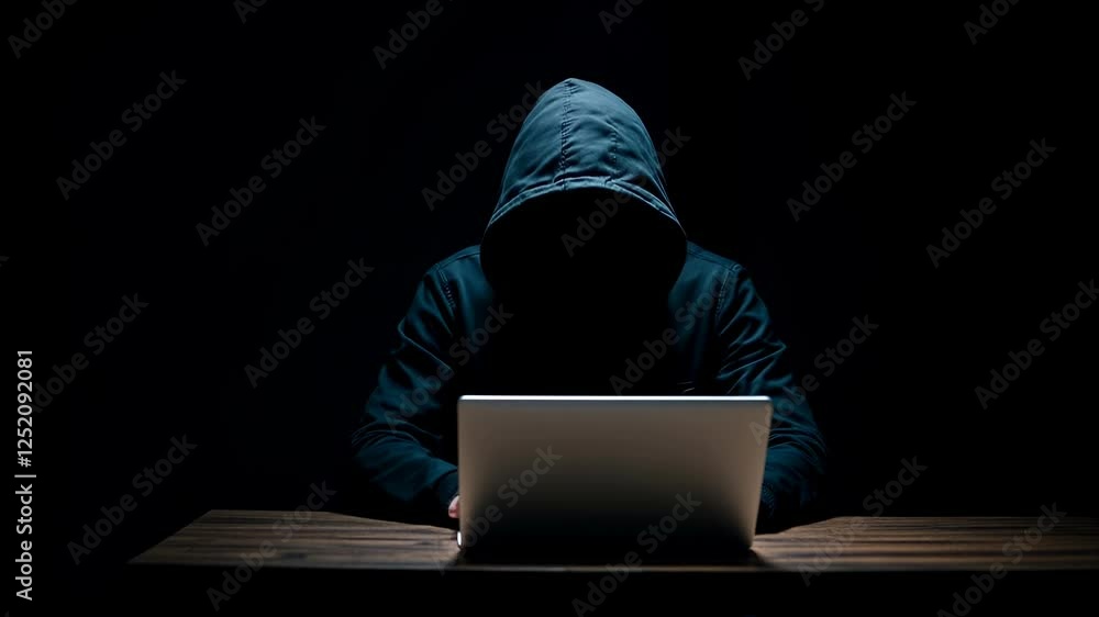 Hooded Figure Working on Laptop in Dark Room Hooded Figure Working on Laptop in Dark Room