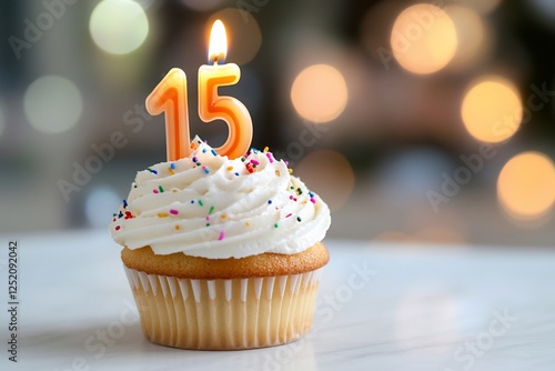 Birthday cupcake with candle, celebration photo