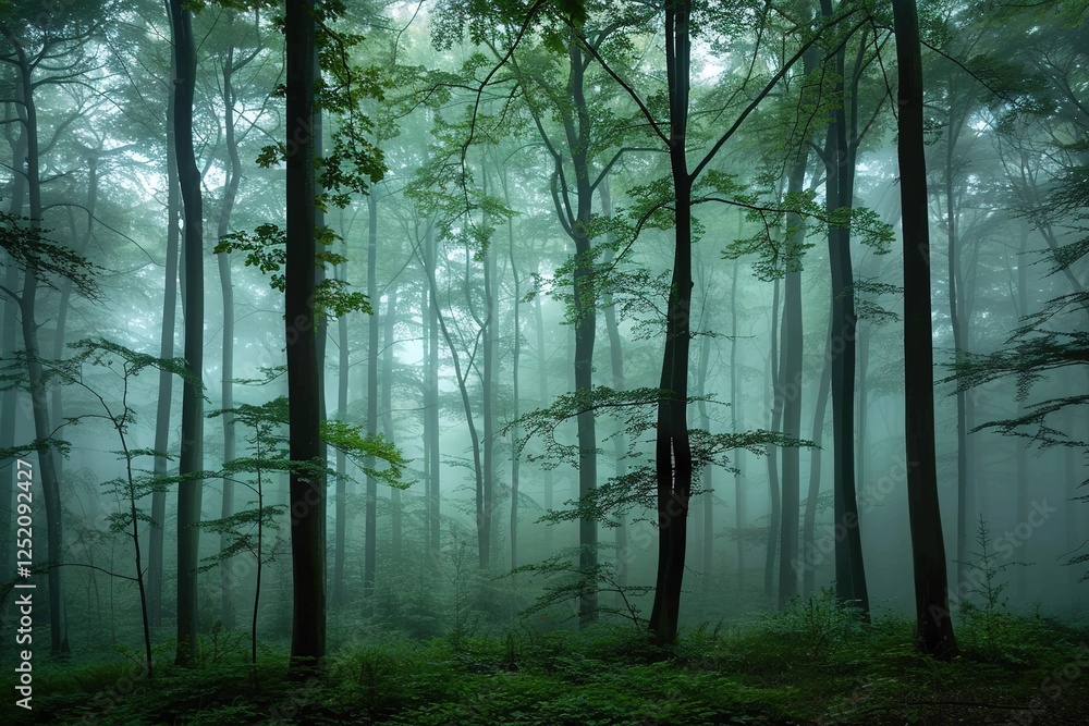Obraz premium Lush Green Forest with Misty Fog Covering the Canopy