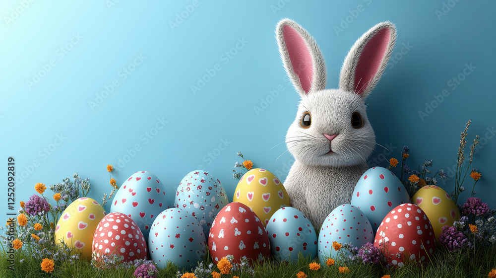 Easter eggs blue background. Mockup, frame, copy space. Holidays concept, 3d rendering, flat lay Easter eggs blue background. Mockup, frame, copy space. Holidays concept, 3d rendering, flat lay