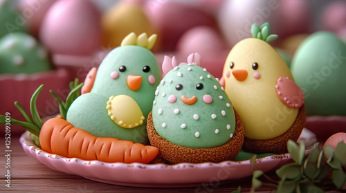 Easter colored cookies shape chickens bunnies covered icing, copy space. Holidays greeting cards photo