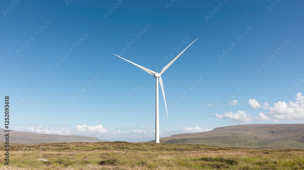 Wind turbine generating clean energy in a highland landscape Wind turbine generating clean energy in a highland landscape