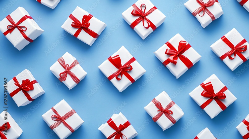 Obraz premium White Gift Boxes in a Pattern on a Blue Background