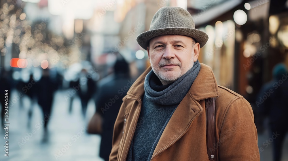 Confident middle-aged man in a winter coat and hat walking on a crowded street