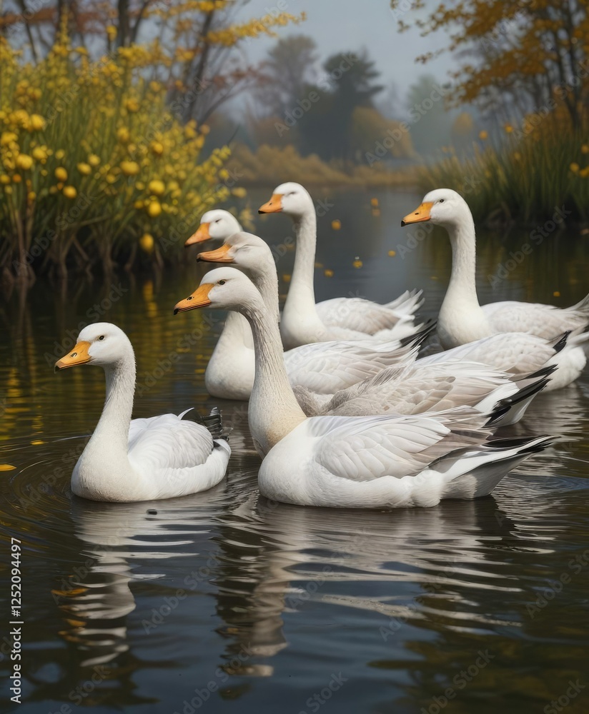 Flock of white and grey geese with vibrant yellow beaks swimming peacefully on serene pond, waterfowl, swimming Flock of white and grey geese with vibrant yellow beaks swimming peacefully on serene pond, waterfowl, swimming