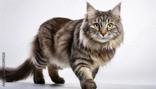 long haired gray tabby cat walking gracefully on a clean white background perfect for pet and animal photography photo