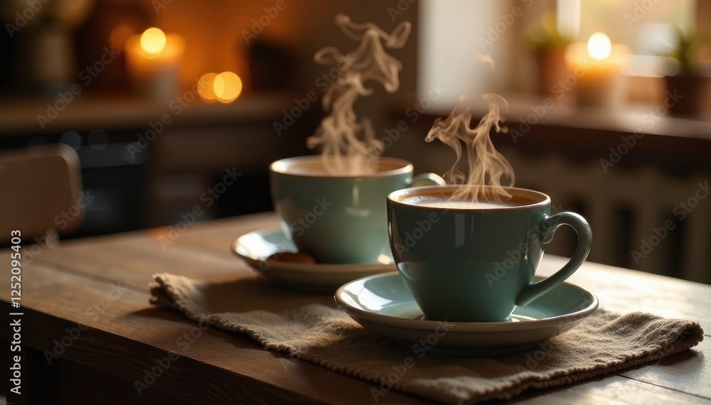 Warm steam rising from ceramic cups on a wooden table, cozy decor, hot cocoa Warm steam rising from ceramic cups on a wooden table, cozy decor, hot cocoa