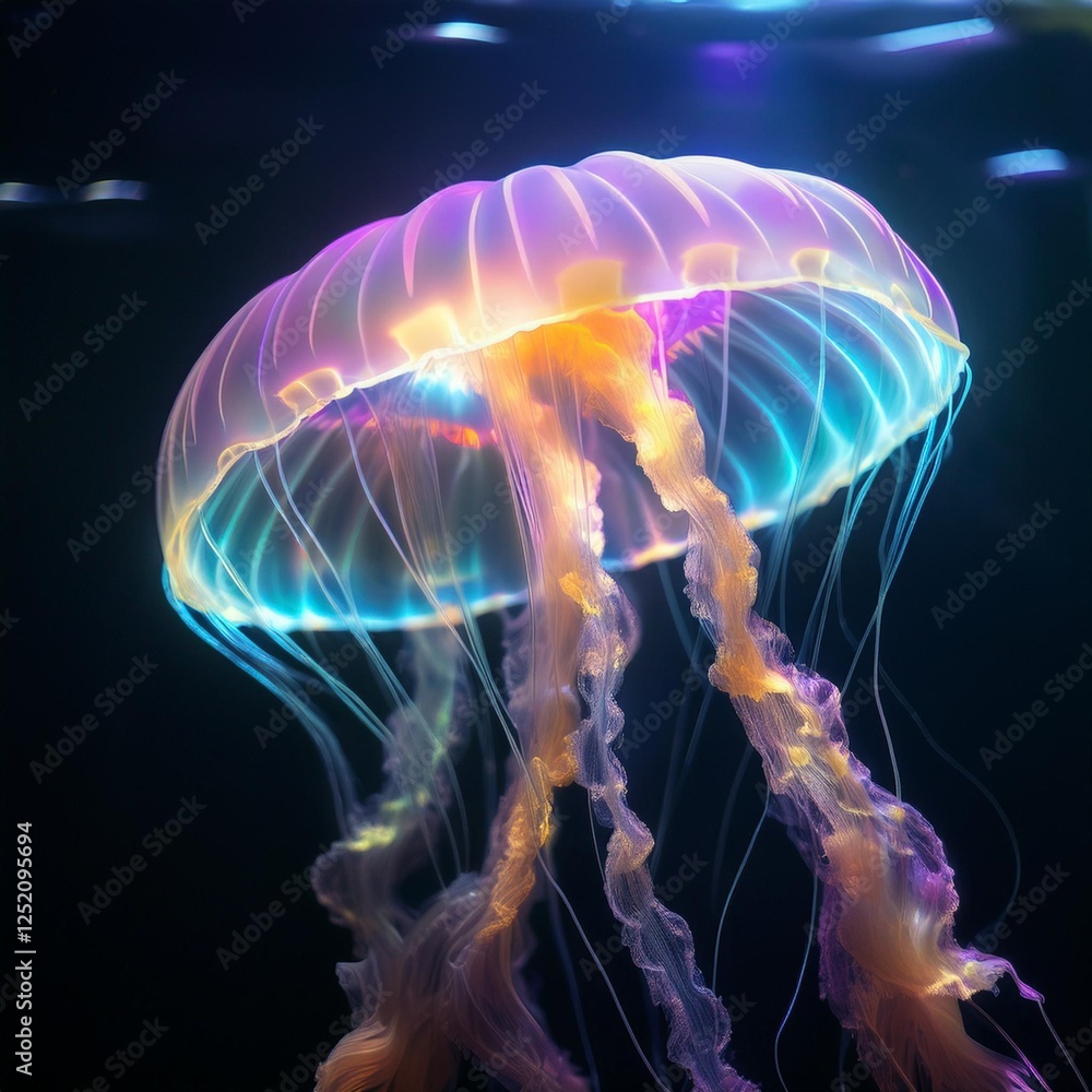 Floating Glowing Jellyfish in a Dark Liquid Environment Floating Glowing Jellyfish in a Dark Liquid Environment
