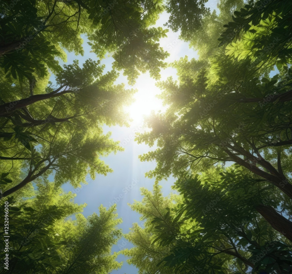 Obraz premium Forest canopy overhead with dappled sunlight filtering through the leaves, atmosphere, sunlight
