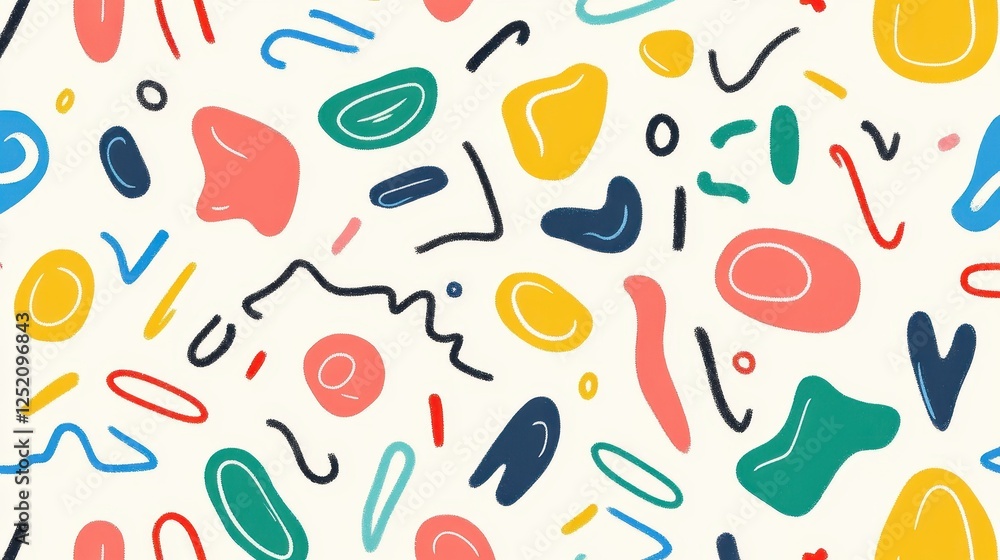 Bright and playful doodle pattern perfect for kids dcor or trendy designs. Simple shapes create a minimalist art vibe. Bright and playful doodle pattern perfect for kids dcor or trendy designs. Simple shapes create a minimalist art vibe.