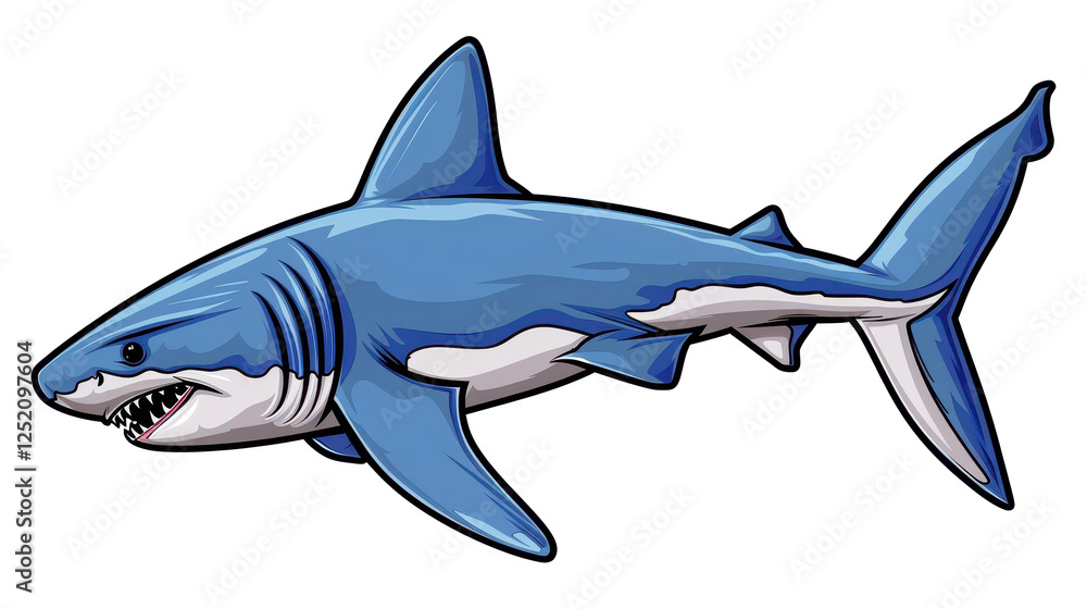 Fototapeta premium Bold shark sticker design perfect for tshirts, showcasing a fun and fierce look with an isolated background.