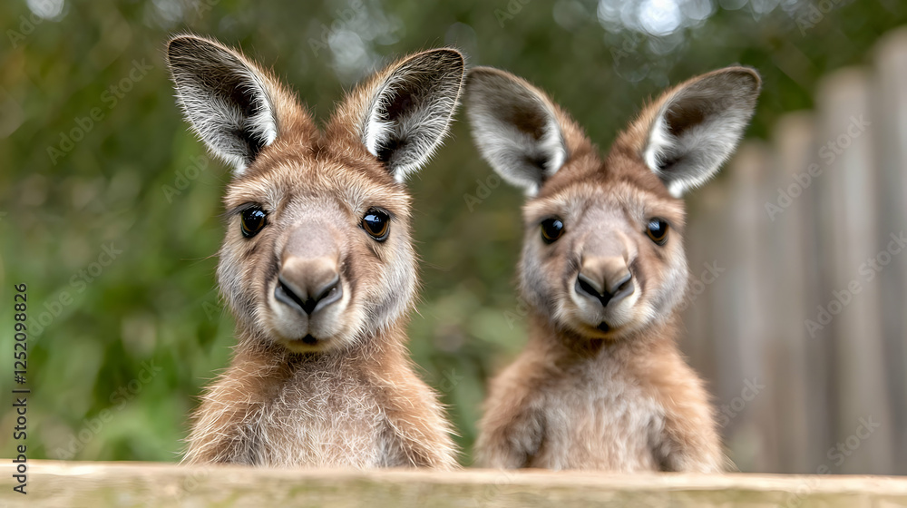 Fototapeta premium Two kangaroos peering over fence, wildlife park