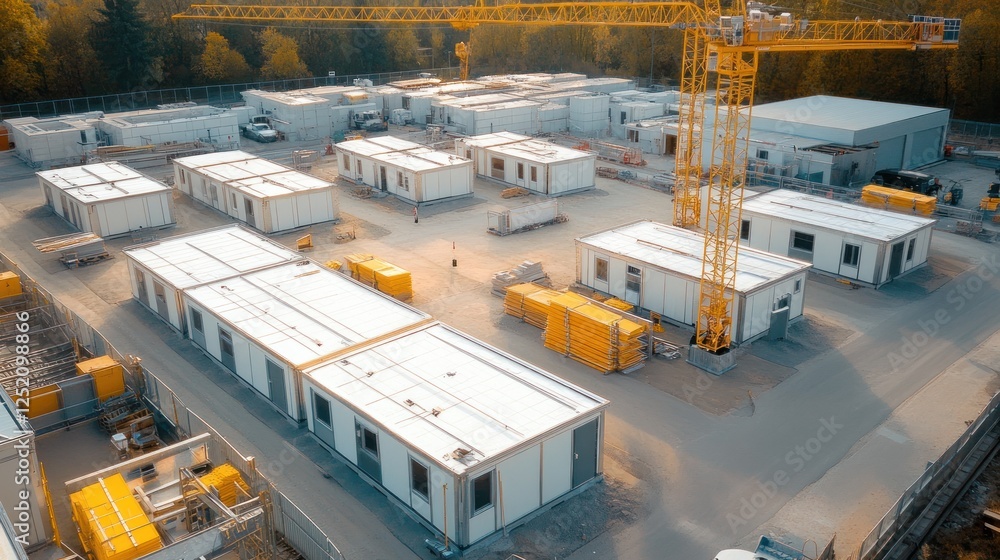Aerial View of a Construction Site with Modular Buildings and a Crane Aerial View of a Construction Site with Modular Buildings and a Crane