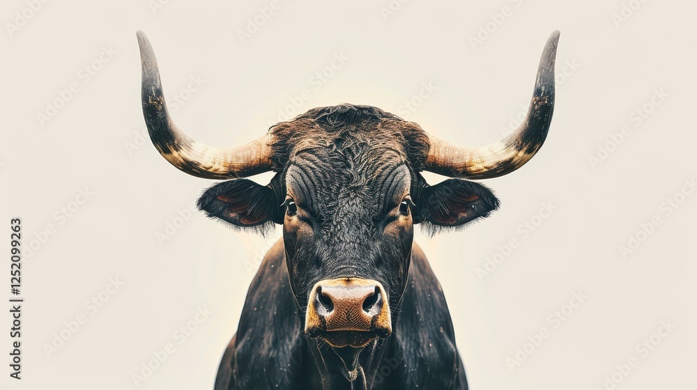 Naklejka premium A powerful dark brown bull with impressive muscles and long horns gazes confidently at the camera against a clear background.