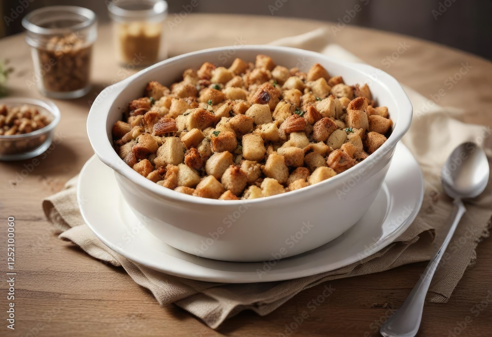 Freshly baked homemade stuffing in a large bowl, cozy, spices Freshly baked homemade stuffing in a large bowl, cozy, spices