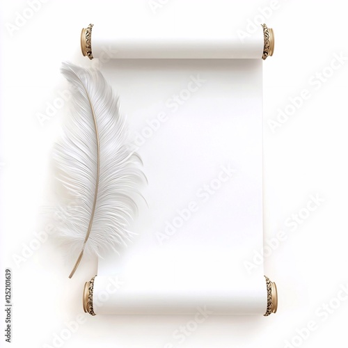 old paper scroll and feather pen, on a white background