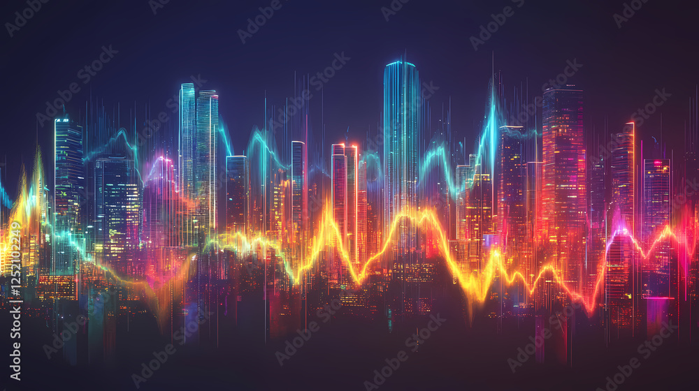Vibrant soundwave over a futuristic cityscape, dynamic and colorful composition, sharp details, moody and artistic atmosphere, sci-fi style. Soundwave Architecture. Illustration Vibrant soundwave over a futuristic cityscape, dynamic and colorful composition, sharp details, moody and artistic atmosphere, sci-fi style. Soundwave Architecture. Illustration