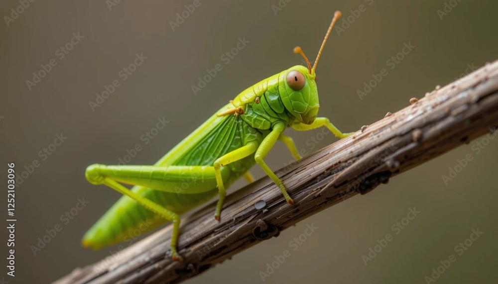 Fototapeta premium Close-Up of a Green Grasshopper on a Branch