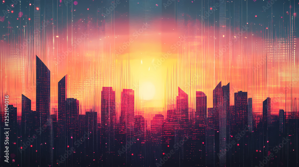 A digital city skyline with soundwave patterns and a sunset backdrop. Soundwave Architecture. Illustration A digital city skyline with soundwave patterns and a sunset backdrop. Soundwave Architecture. Illustration
