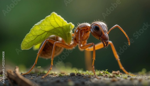 Macro Photo of an Ant Carrying a Leaf photo