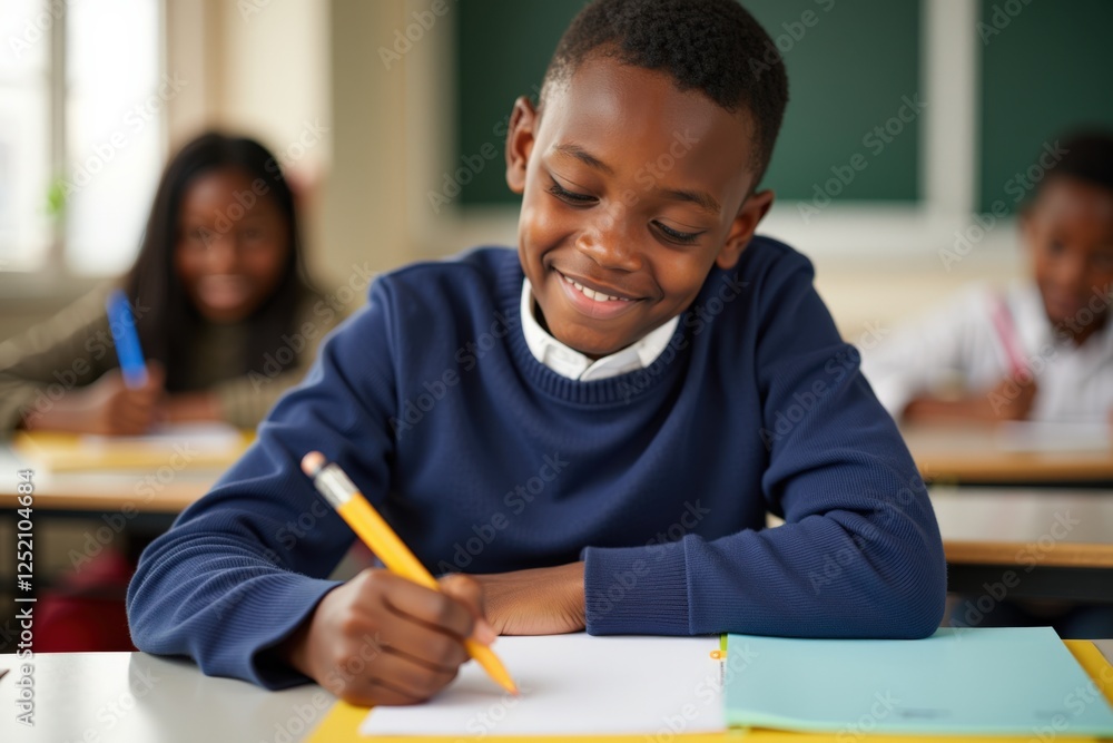 Naklejka premium A joyful young Black boy focused on his studies, engaged in writing exercises with classmates in a well-lit classroom environment, showcasing the spirit of learning and education