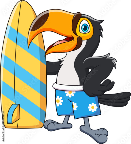 Cute cartoon toucan holding a surfboard, vibrant tropical illustration ideal for summer designs, beachthemed concepts, and vacationrelated projects. 